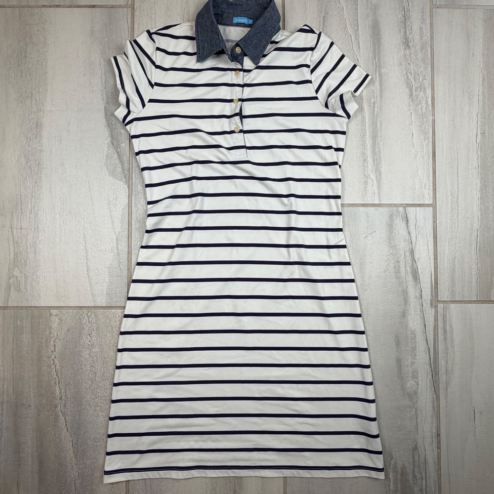 J.McLaughlin Striped Polo Dress Womens Small White Navy Blue Chambray Collar S